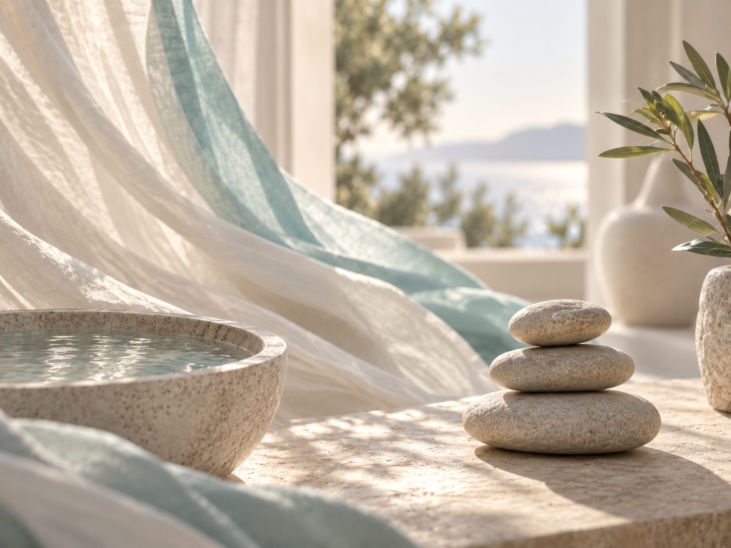 Calm wellness still life with stacked stones, a water bowl and soft light — a symbol of balance and recovery
